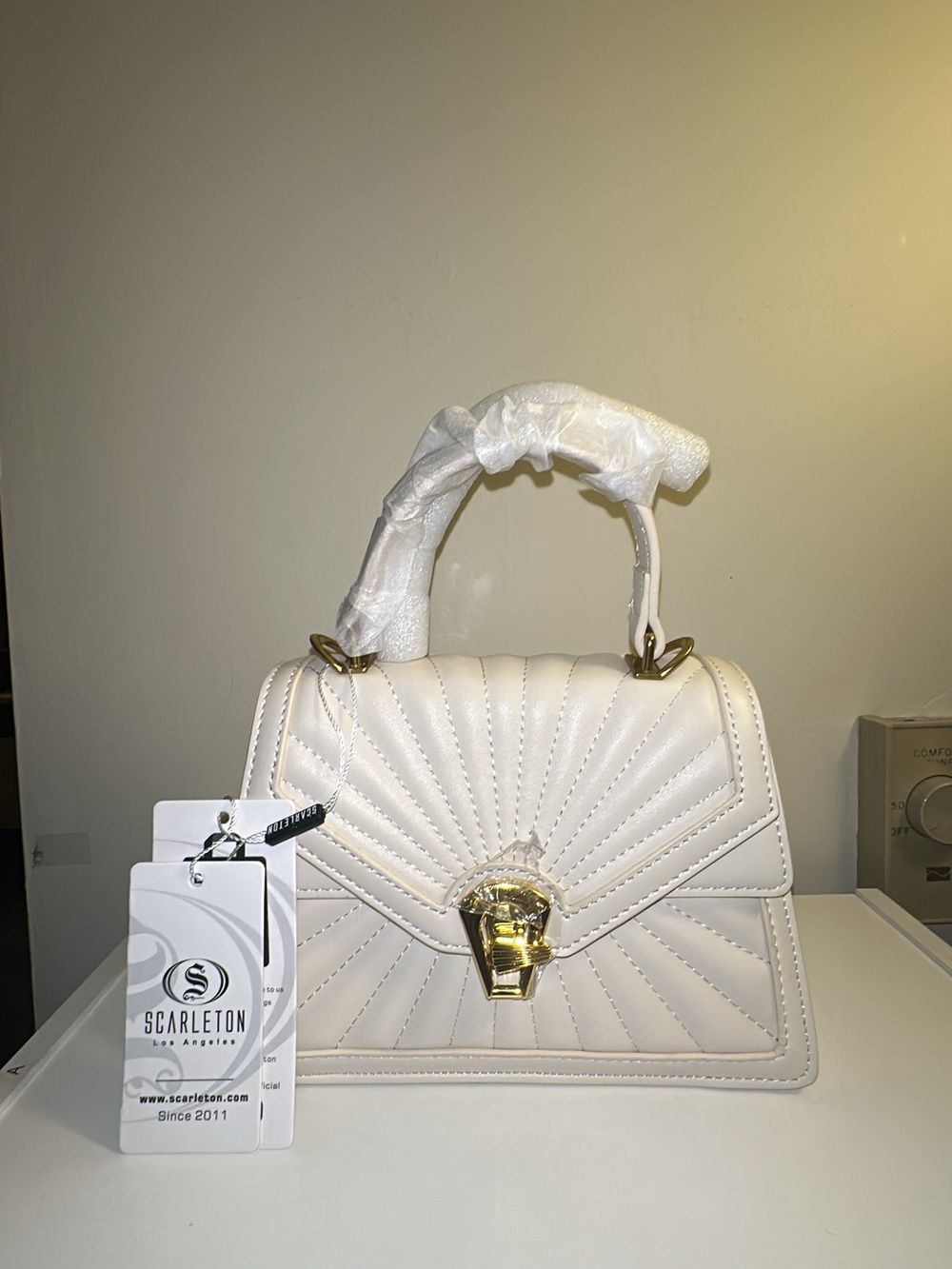Scarleton Cream QuiltedVegan leather Top Handle Bag with Gold Hardware